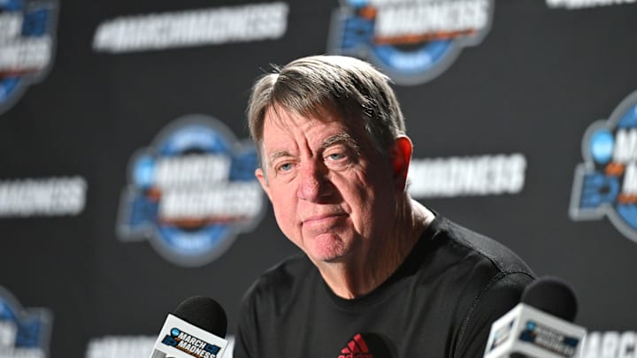 Mar 27, 2025; Spokane, WA, USA; NC State Wolfpack head coach Wes Moore talks with media during an NCAA Tournament practice session at Spokane Arena. Mandatory Credit: James Snook-Imagn Images
