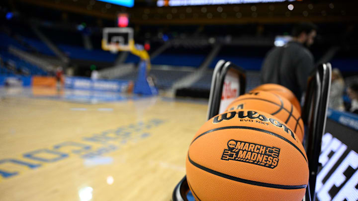 Mar 21, 2025; Los Angeles, California, USA; Basketballs sit in a rack before the start of the NCAA Tournament First Round game between Georgia Tech and Richmond at Pauley Pavilion presented by Wescom. Mandatory Credit: Robert Hanashiro-Imagn Images