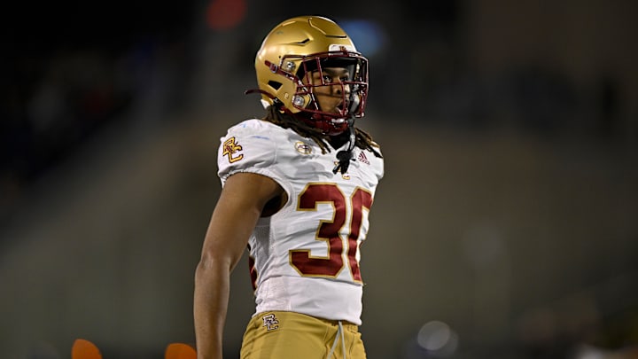 Nov 16, 2024; Dallas, Texas, USA; Boston College Eagles defensive back Omar Thornton (30) in action during the game between the SMU Mustangs and the Boston College Eagles at Gerald J. Ford Stadium. Mandatory Credit: Jerome Miron-Imagn Images Nov 16, 2024; Dallas, Texas, USA; Boston College Eagles defensive back Omar Thornton (30) in action during the game between the SMU Mustangs and the Boston College Eagles at Gerald J. Ford Stadium. Mandatory Credit: Jerome Miron-Imagn Images