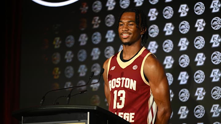 Oct 8, 2025; Charlotte, NC, USA; Boston College player Donald Hand Jr. answers questions from the media at The Hilton Charlotte Uptown. Mandatory Credit: William Howard-Imagn Images