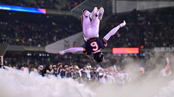 Chicago Bears cornerback Kyler Gordon (6) does a back flip as he enters the field before the game against the Seattle Seahawks at Soldier Field. Mandatory Credit: Daniel Bartel-Imagn Images