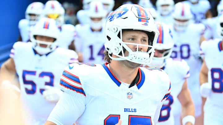 Aug 9, 2025; Orchard Park, New York, USA; Buffalo Bills quarterback Josh Allen (17) enters the field before a game against the New York Giants at Highmark Stadium.