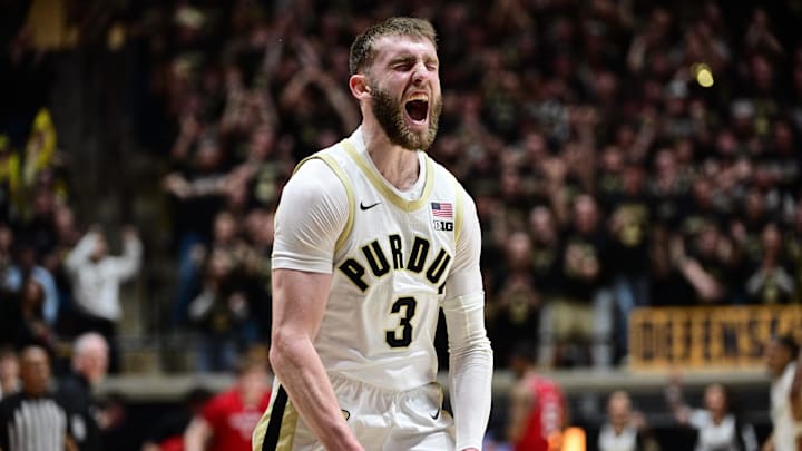 Purdue Boilermakers guard Braden Smith (3) reacts to making  a three pointer