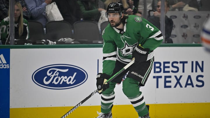 May 23, 2024; Dallas, Texas, USA; Dallas Stars defenseman Chris Tanev (3) skates against the Edmonton Oilers during the second period in game one of the Western Conference Final of the 2024 Stanley Cup Playoffs at American Airlines Center. Mandatory Credit: Jerome Miron-USA TODAY Sports May 23, 2024; Dallas, Texas, USA; Dallas Stars defenseman Chris Tanev (3) skates against the Edmonton Oilers during the second period in game one of the Western Conference Final of the 2024 Stanley Cup Playoffs at American Airlines Center. Mandatory Credit: Jerome Miron-USA TODAY Sports