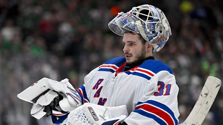 Dec 20, 2024; Dallas, Texas, USA; New York Rangers goaltender Igor Shesterkin (31) skates back to the crease during the second period against the Dallas Stars at the American Airlines Center. Mandatory Credit: Jerome Miron-Imagn Images