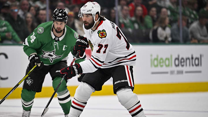Oct 26, 2024; Dallas, Texas, USA; Chicago Blackhawks left wing Pat Maroon (77) in action during the game between the Dallas Stars and the Chicago Blackhawks at American Airlines Center. Mandatory Credit: Jerome Miron-Imagn Images