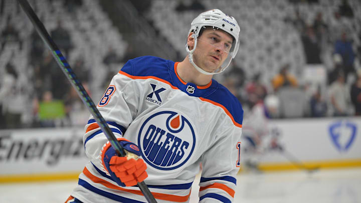 Apr 23, 2025; Los Angeles, California, USA;  Edmonton Oilers left wing Zach Hyman (18) warms up for game 2 of the 2025 Stanley Cup Playoffs against the Los Angeles Kings at Crypto.com Arena. Mandatory Credit: Jayne Kamin-Oncea-Imagn Images