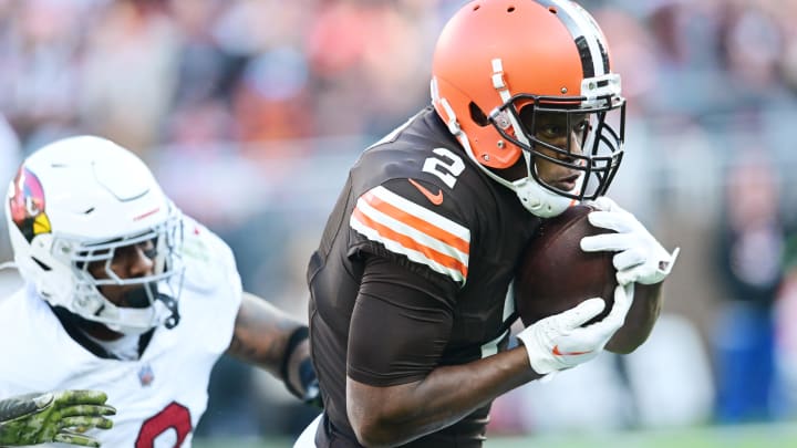Nov 5, 2023; Cleveland, Ohio, USA; Cleveland Browns wide receiver Amari Cooper (2) runs with the ball after a catch as Arizona Cardinals safety Budda Baker (3) defends during the second half at Cleveland Browns Stadium. Mandatory Credit: Ken Blaze-USA TODAY Sports Nov 5, 2023; Cleveland, Ohio, USA; Cleveland Browns wide receiver Amari Cooper (2) runs with the ball after a catch as Arizona Cardinals safety Budda Baker (3) defends during the second half at Cleveland Browns Stadium. Mandatory Credit: Ken Blaze-USA TODAY Sports