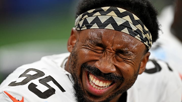 Cleveland Browns defensive end Myles Garrett laughs on the sidelines during the second half against the Detroit Lions. Cleveland Browns defensive end Myles Garrett laughs on the sidelines during the second half against the Detroit Lions.