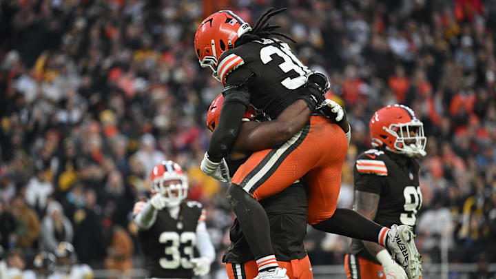 Dec 28, 2025; Cleveland, Ohio, USA; Cleveland Browns defensive tackle Shelby Harris (93) and linebacker Devin Bush (30) celebrate in the fourth quarter against the Pittsburgh Steelers at Huntington Bank Field. Mandatory Credit: Ken Blaze-Imagn Images