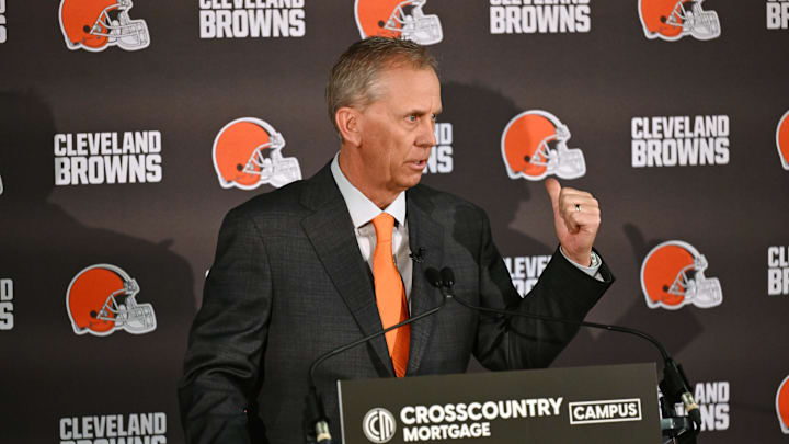 Feb 3, 2026; Berea, OH, USA; Cleveland Browns head coach Todd Monken speaks to the media during an introductory press conference at CrossCountry Mortgage Campus. Mandatory Credit: Ken Blaze-Imagn Images