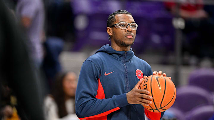 Jan 10, 2026; Fort Worth, Texas, USA; Arizona Wildcats guard Bryce James (6) looks on during the game between the Horned Frogs and the Wildcats at Ed and Rae Schollmaier Arena. Mandatory Credit: Jerome Miron-Imagn Images