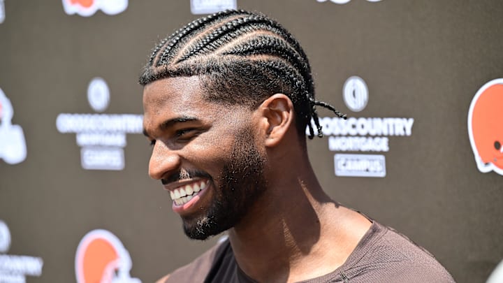 Jun 10, 2025; Berea, OH, USA; Cleveland Browns quarterback Shedeur Sanders (12) talk to the media during minicamp at CrossCountry Mortgage Campus. Mandatory Credit: Ken Blaze-Imagn Images