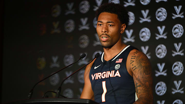 Oct 8, 2025; Charlotte, NC, USA; Virginia player Malik Thomas answers questions from the media at The Hilton Charlotte Uptown. Mandatory Credit: William Howard-Imagn Images