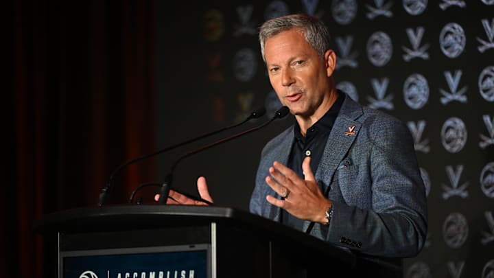 Oct 8, 2025; Charlotte, NC, USA; Virginia head coach Ryan Odom answers questions from the media at The Hilton Charlotte Uptown. Mandatory Credit: William Howard-Imagn Images