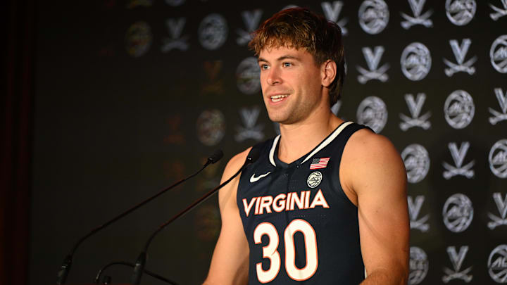 Oct 8, 2025; Charlotte, NC, USA; Virginia player Dallin Hall answers questions from the media at The Hilton Charlotte Uptown. Mandatory Credit: William Howard-Imagn Images