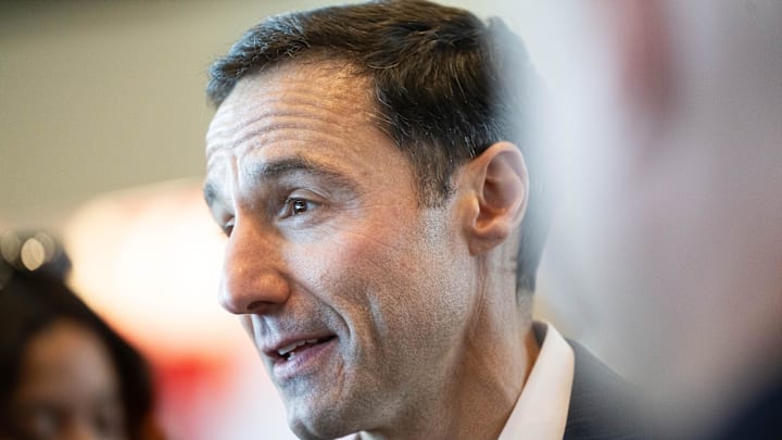 Nov 10, 2023; Cleveland, OH, USA;  Cleveland Guardians president of baseball operations Chris Antonetti talks to the media during an introductory press conference for new manager Stephen Vogt at Progressive Field. Mandatory Credit: Ken Blaze-Imagn Images
