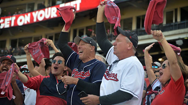 Oct 2, 2025; Cleveland, Ohio, USA; Cleveland Guardians fans before game three of the Wildcard round for the 2025 MLB playoffs at Progressive Field. Mandatory Credit: Ken Blaze-Imagn Images