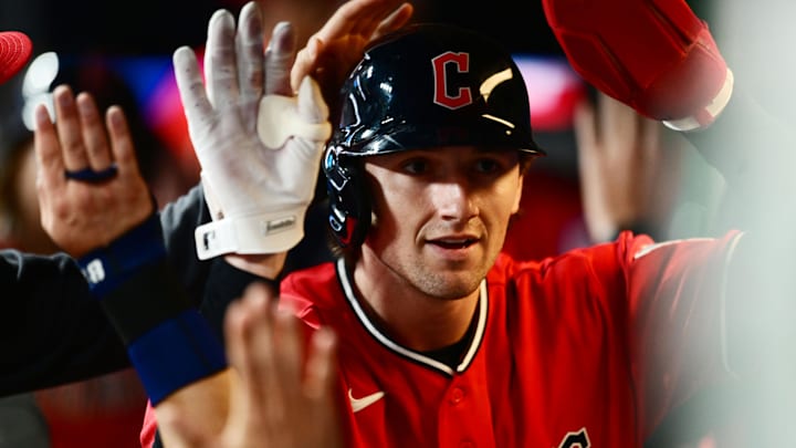 Apr 21, 2026; Cleveland, Ohio, USA; Cleveland Guardians designated hitter Chase DeLauter (24) celebrates after hitting a three-run triple during the eighth inning against the Houston Astros at Progressive Field. Mandatory Credit: Ken Blaze-Imagn Images