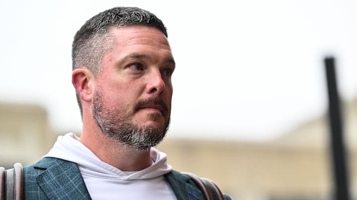 Iowa City, Iowa, USA; Oregon Ducks head coach Dan Lanning enters Kinnick Stadium before the game against the Iowa Hawkeyes.