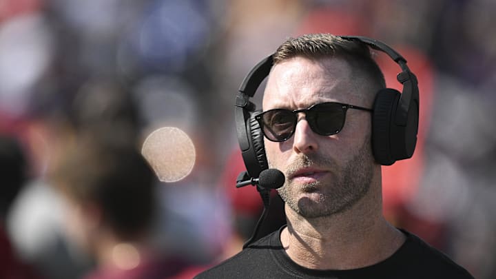 Oct 13, 2024; Baltimore, Maryland, USA;  Washington Commanders offensive coordinator Kliff Kingsbury on the sidelines during the first half against the Baltimore Ravens at M&T Bank Stadium. Mandatory Credit: Tommy Gilligan-Imagn Images