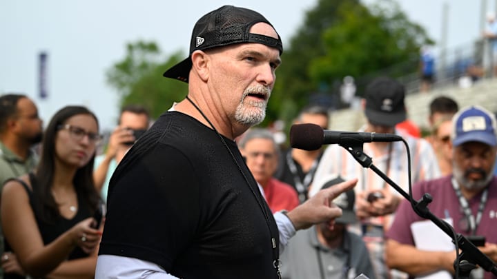 Washington Commanders head coach Dan Quinn holds a press conference before training camp.