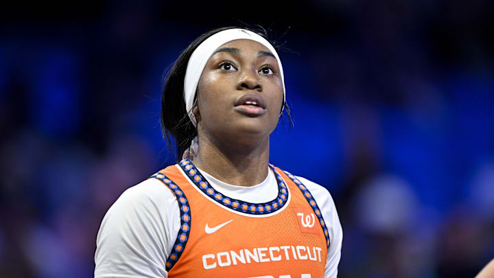 Aug 27, 2025; Arlington, Texas, USA; Connecticut Sun forward Aneesah Morrow (24) looks on during the second half against the Dallas Wings at College Park Center. Jerome Miron-Imagn Images