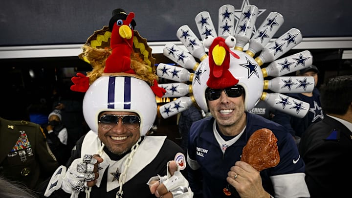 A view of Dallas Cowboys fans in turkey helmets before the game between the Dallas Cowboys and the New York Giants A view of Dallas Cowboys fans in turkey helmets before the game between the Dallas Cowboys and the New York Giants
