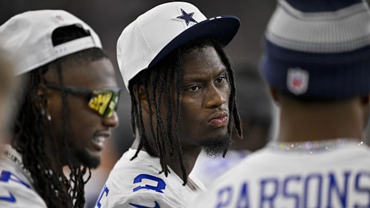 Dallas Cowboys wide receiver George Pickens looks on before the game against the Baltimore Ravens at AT&T Stadium. 