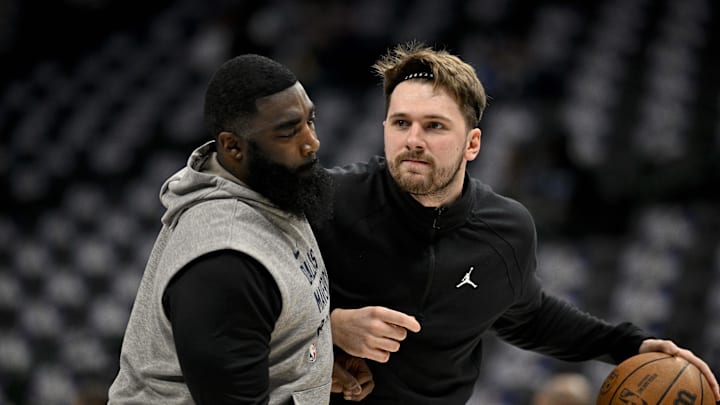 Jan 7, 2024; Dallas, Texas, USA; Dallas Mavericks guard Luka Doncic (77) warms up before the game against the Minnesota Timberwolves at the American Airlines Center. Mandatory Credit: Jerome Miron-USA TODAY Sports Jan 7, 2024; Dallas, Texas, USA; Dallas Mavericks guard Luka Doncic (77) warms up before the game against the Minnesota Timberwolves at the American Airlines Center. Mandatory Credit: Jerome Miron-USA TODAY Sports