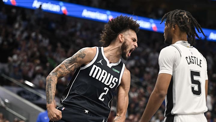 Oct 24, 2024; Dallas, Texas, USA; Dallas Mavericks center Dereck Lively II (2) celebrates after dunking the ball against the San Antonio Spurs during the second half at the American Airlines Center. Mandatory Credit: Jerome Miron-Imagn Images