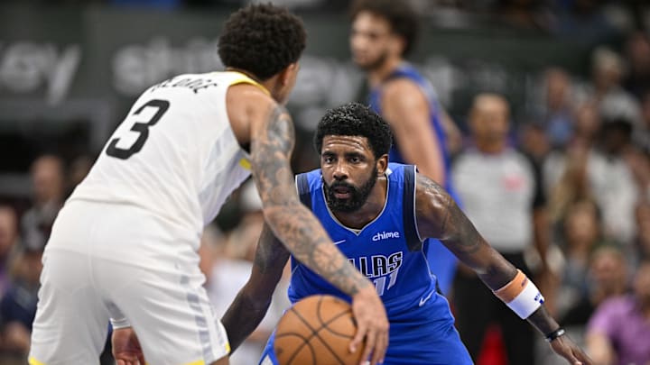 Oct 28, 2024; Dallas, Texas, USA; Utah Jazz guard Keyonte George (3) and Dallas Mavericks guard Kyrie Irving (11) in action during the game between the Dallas Mavericks and the Utah Jazz at the American Airlines Center. Mandatory Credit: Jerome Miron-Imagn Images