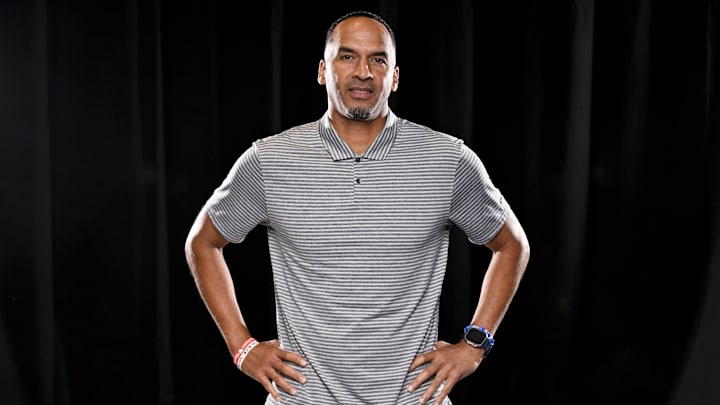 Sep 30, 2024; Dallas, TX, USA; Dallas Mavericks general manager Nico Harrison poses for a photo during the 2024 Dallas Mavericks media day. Mandatory Credit: Jerome Miron-Imagn Images