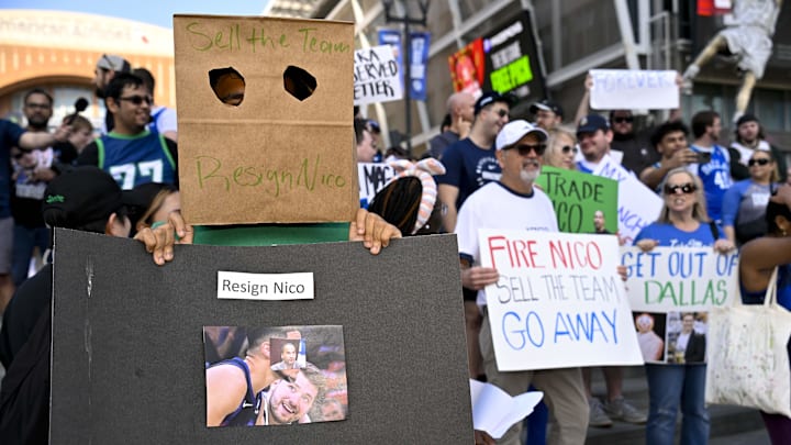 Feb 8, 2025; Dallas, Texas, USA; Dallas Mavericks fans gather outside the arena before the game between the Dallas and the Houston Rockets to protest the Nico Harrison trade of former Mavericks point guard Luka Doncic to the Los Angeles Lakers. Mandatory Credit: Jerome Miron-Imagn Images