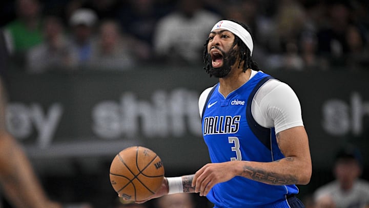 Dallas Mavericks forward Anthony Davis (3) sets the play against the Brooklyn Nets