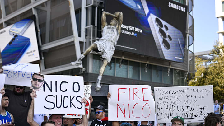 Feb 8, 2025; Dallas, Texas, USA; Dallas Mavericks fans gather outside the arena before the game between the Dallas and the Houston Rockets to protest the Nico Harrison trade of former Mavericks point guard Luka Doncic to the Los Angeles Lakers. Mandatory Credit: Jerome Miron-Imagn Images