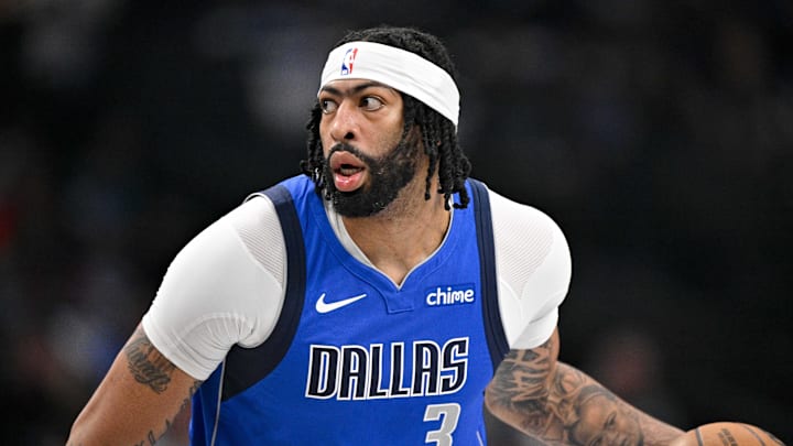 Mar 31, 2025; Dallas, Texas, USA; Dallas Mavericks forward Anthony Davis (3) brings the ball up court against the Brooklyn Nets during the first quarter at the American Airlines Center. Mandatory Credit: Jerome Miron-Imagn Images