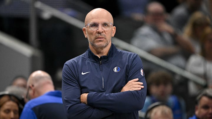 Mar 31, 2025; Dallas, Texas, USA; Dallas Mavericks head coach Jason Kidd during the game between the Dallas Mavericks and the Brooklyn Nets at the American Airlines Center. Mandatory Credit: Jerome Miron-Imagn Images Mar 31, 2025; Dallas, Texas, USA; Dallas Mavericks head coach Jason Kidd during the game between the Dallas Mavericks and the Brooklyn Nets at the American Airlines Center. Mandatory Credit: Jerome Miron-Imagn Images