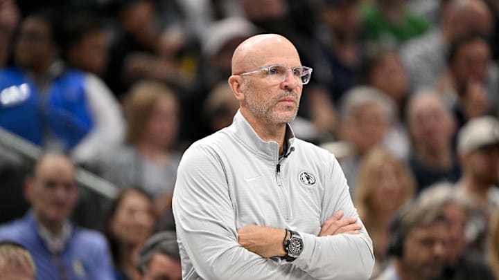 Apr 9, 2025; Dallas, Texas, USA; Dallas Mavericks head coach Jason Kidd during the game between the Dallas Mavericks and the Los Angeles Lakers at American Airlines Center. Mandatory Credit: Jerome Miron-Imagn Images