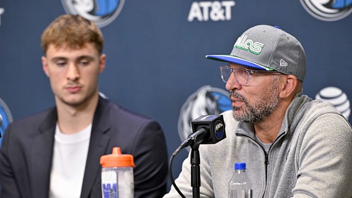 Jun 27, 2025; Dallas, TX, USA; Dallas Mavericks first overall pick Cooper Flagg (left) looks on with head coach Jason Kidd (right) at a press conference at the Dallas Mavericks Practice Facility. Mandatory Credit: Jerome Miron-Imagn Images Jun 27, 2025; Dallas, TX, USA; Dallas Mavericks first overall pick Cooper Flagg (left) looks on with head coach Jason Kidd (right) at a press conference at the Dallas Mavericks Practice Facility. Mandatory Credit: Jerome Miron-Imagn Images