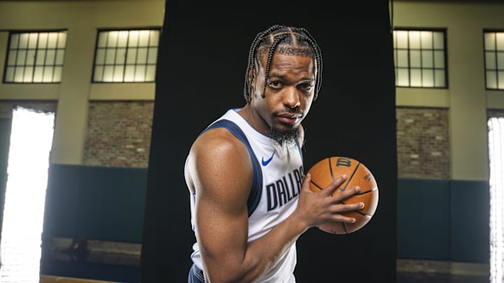 Sep 29, 2025; Dallas, TX, USA; Dallas Mavericks guard Dennis Smith Jr. (8) poses for a photo during the Mavericks 2025 media day at the American Airlines Center. Mandatory Credit: Jerome Miron-Imagn Images