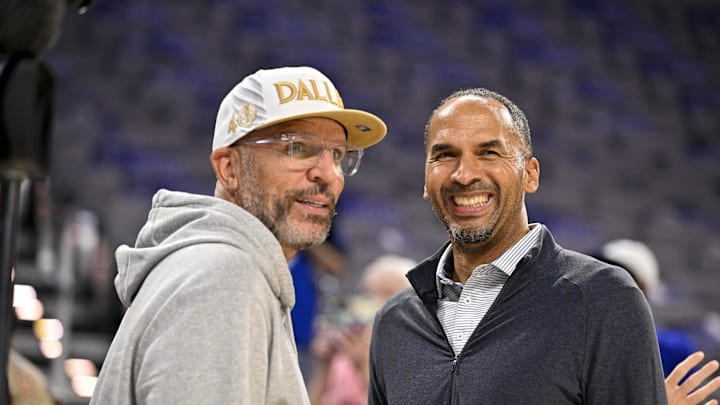 Oct 6, 2025; Fort Worth, Texas, USA; Dallas Mavericks head coach Jason Kidd (left) and general manager Nico Harrison (right) look on before the game against the Oklahoma City Thunder at Dickie's Arena. Mandatory Credit: Jerome Miron-Imagn Images