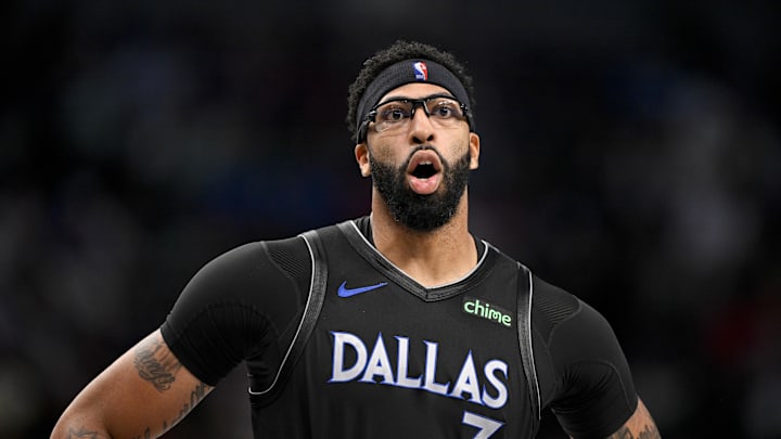 Dec 23, 2025; Dallas, Texas, USA; Dallas Mavericks forward Anthony Davis (3) looks on during the second half against the Denver Nuggets at the American Airlines Center. Mandatory Credit: Jerome Miron-Imagn Images