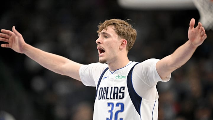 Feb 5, 2026; Dallas, Texas, USA; Dallas Mavericks forward Cooper Flagg (32) yells to his teammates during the first quarter against the San Antonio Spurs at the American Airlines Center. Mandatory Credit: Jerome Miron-Imagn Images