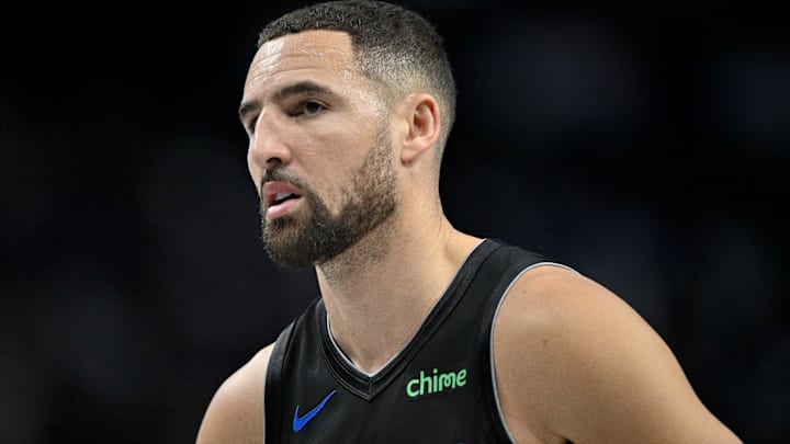 Nov 22, 2025; Dallas, Texas, USA; Dallas Mavericks guard Klay Thompson (31) looks on during the game between the Mavericks and the Grizzlies at American Airlines Center. Mandatory Credit: Jerome Miron-Imagn Images