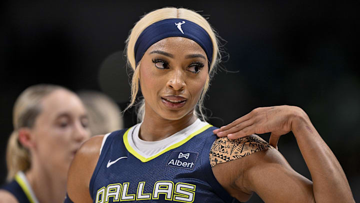 Aug 1, 2025; Dallas, Texas, USA; Dallas Wings guard DiJonai Carrington (21) during the game between the Dallas Wings and the Indiana Fever at the American Airlines Center. Mandatory Credit: Jerome Miron-Imagn Images