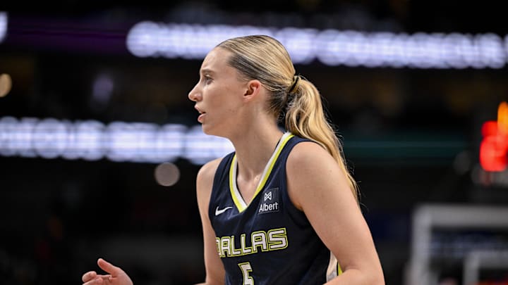Aug 1, 2025; Dallas, Texas, USA; Dallas Wings guard Paige Bueckers (5) in action during the game between the Dallas Wings and the Indiana Fever at the American Airlines Center. Mandatory Credit: Jerome Miron-Imagn Images