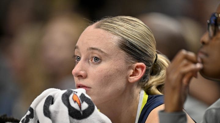 Aug 1, 2025; Dallas, Texas, USA; Dallas Wings guard Paige Bueckers (5) during the game between the Dallas Wings and the Indiana Fever at the American Airlines Center. Mandatory Credit: Jerome Miron-Imagn Images