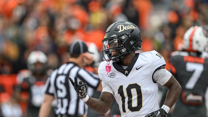 Oct 11, 2025; Corvallis, Oregon, USA; Wake Forest Demon Deacons wide receiver Chris Barnes (10) celebrates after a touchdown catch against the Oregon State Beavers during the second quarter at Reser Stadium. Mandatory Credit: Craig Strobeck-Imagn Images