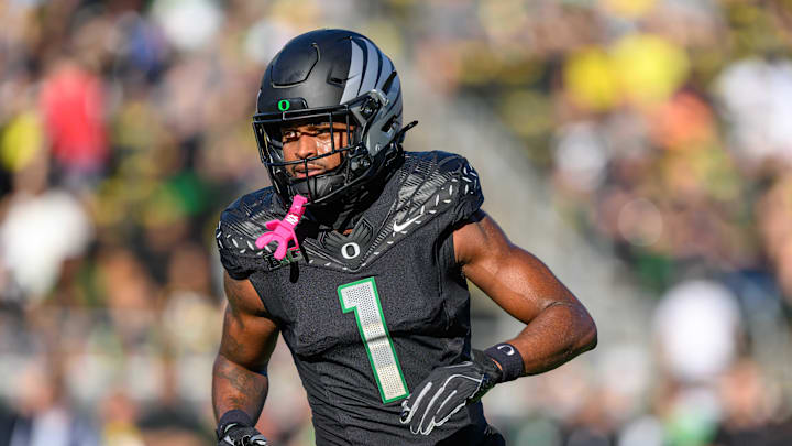 Oct 12, 2024; Eugene, Oregon, USA; Oregon Ducks wide receiver Traeshon Holden (1) during warmups before the game against the Ohio State Buckeyes at Autzen Stadium. Mandatory Credit: Craig Strobeck-Imagn Images